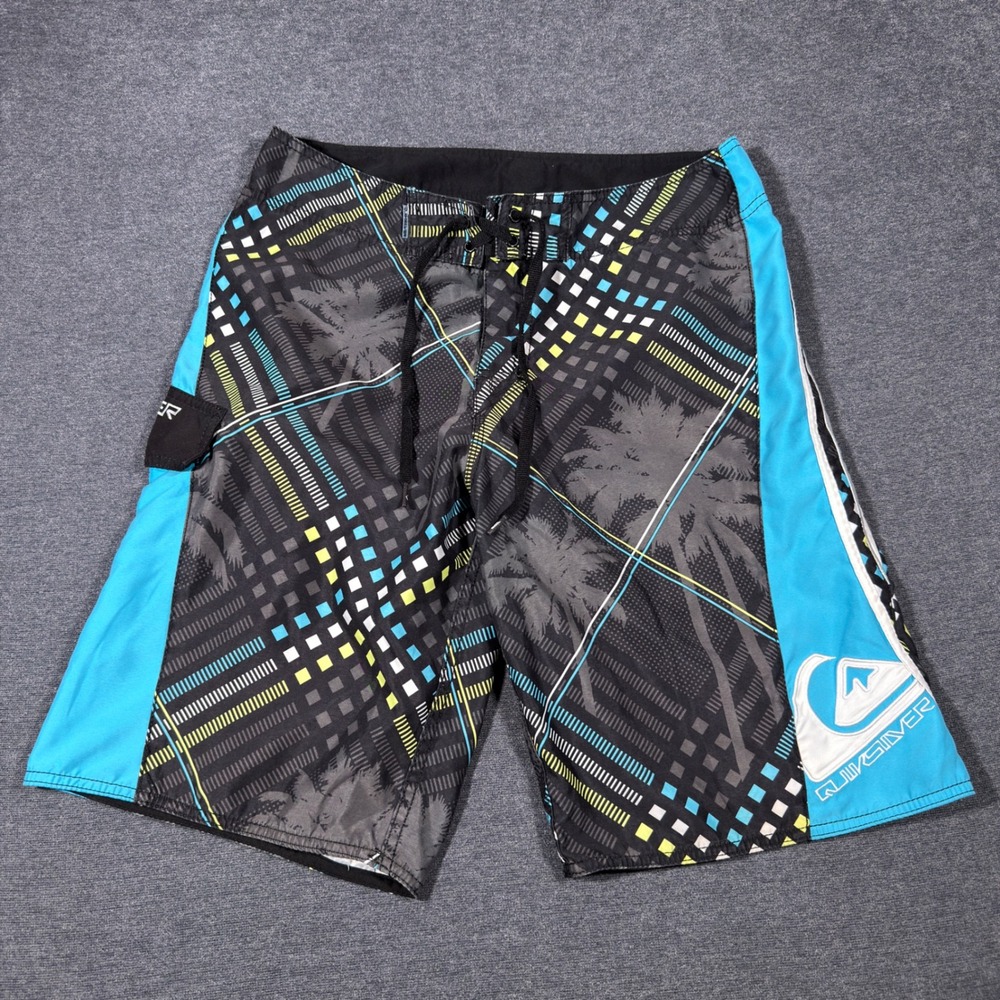 Y2K Quiksilver Board Shorts Men 31 Black Blue Palm Tree Geometric Surf Skate